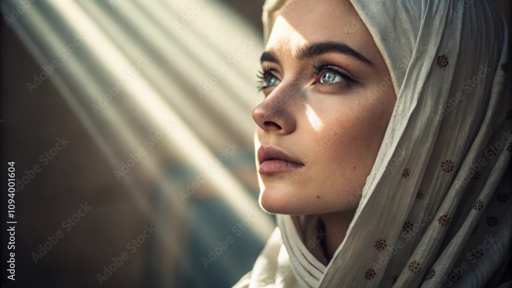 Poster an enchanting visage appears illuminated by luminous rays that create a veil of soft light enhancing