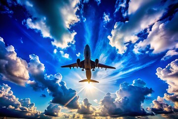Naklejka premium Silhouette of an Airplane Flying in a Blue Sky with White Clouds - Captured from Below Ground, Showcasing Travel and Transportation Concepts in a Stunning Documentary Style