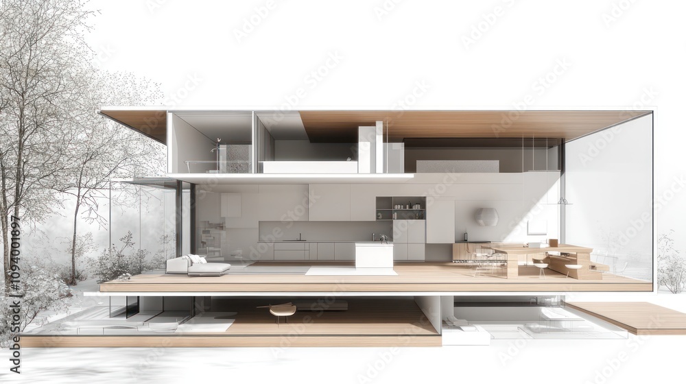 Poster modern architectural design showcasing a minimalist house with open spaces and natural light.