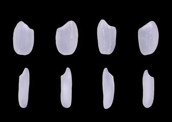 Raw rice grains, macro close-up. Raw rice grains, isolated on black background.