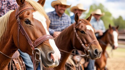 Obraz premium Group of Cowboys on Horses Preparing for a Rodeo Event in a Rustic Outdoor Setting Surrounded by Lush Green Hills and Blue Skies