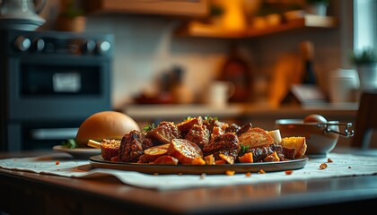 blurred modern wooden kitchen interior with close-up food on sleek countertops and stylish decor