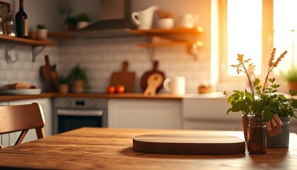 blurred modern wooden kitchen interior with close-up sleek countertops and stylish decor