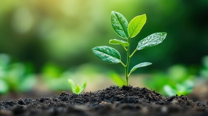 Fototapeta premium A young plant emerging from rich soil, symbolizing growth and renewal.