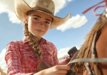 Young girl in cowboy hat grooming horse on sunny day, showcasing passion for equestrian lifestyle and connection with nature under a beautiful blue sky.