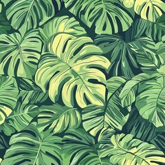 Seamless pattern of large tropical leaves and vines in varying shades of green