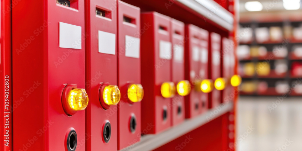 Poster fire alarm detection and response concept. fire alarm panel in retail store with clear labeling and 