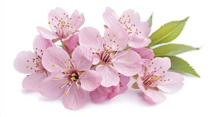Soft pink cherry blossom flowers with delicate petals and green leaves create serene and beautiful composition, perfect for springtime themes and floral arrangements