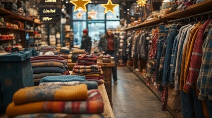 Warm clothing neatly arranged on shelves in a cozy retail store. Customers browse.