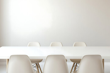 Modern Minimalist Interior Design: White Table and Chairs in a Bright Room. Clean Lines and Simple Decor Create an Elegant and Serene Atmosphere.