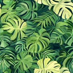 Seamless pattern of large tropical leaves and vines in varying shades of green