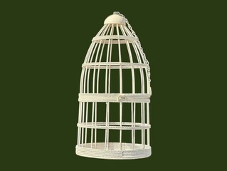 In the picture is a white birdcage with a tall, oval shape, white in color, transparent, with a white plastic hanging strap used to hold the bird, with a food and water container inside.