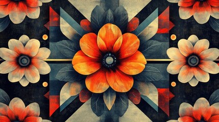 A vibrant floral pattern featuring orange and gray flowers against a textured background.