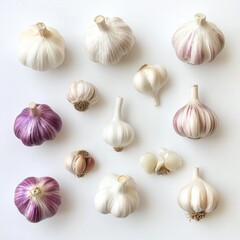 Garlic Harvest A still life featuring a variety of garlic bulbs, showcasing the intricate details of their purple and white hues. This image is perfect for culinary, health, and botanical projects.