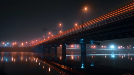 A serene night view of a bridge reflecting lights in a foggy river.