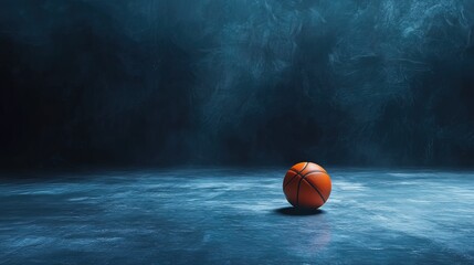 A single basketball sits on a dark blue concrete floor with smoke in the background.