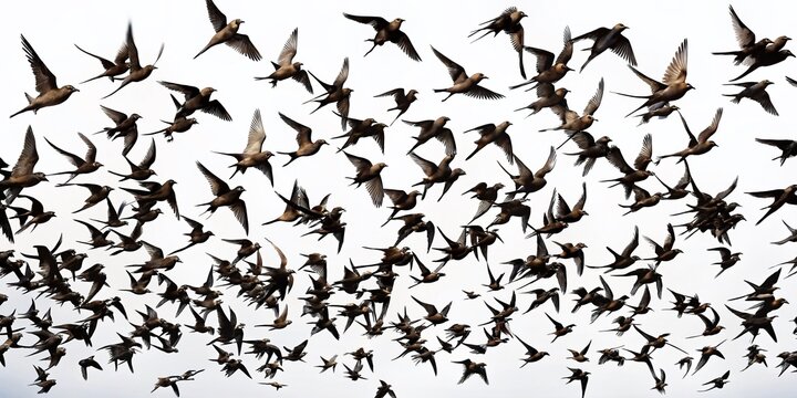Silhouettes of Flying Martlet Birds in a Migratory Group, Isolated on White Background for Nature and Wildlife Illustrations