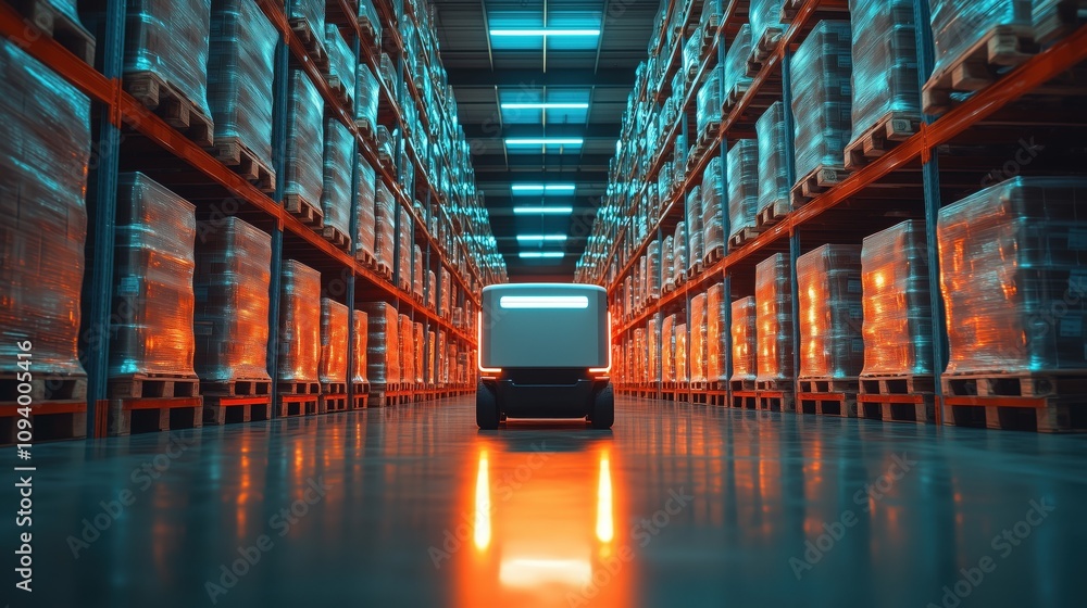 Poster a modern warehouse with illuminated aisles and stacked pallets, featuring a robotic vehicle navigati