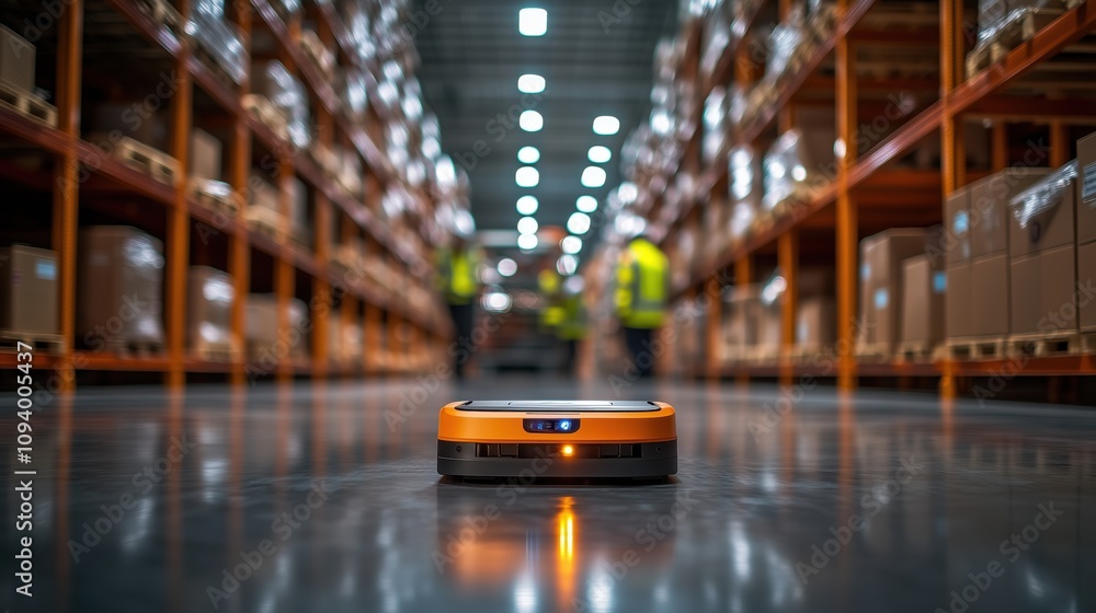 Poster a robotic device operates in a warehouse, navigating between shelves filled with boxes while workers