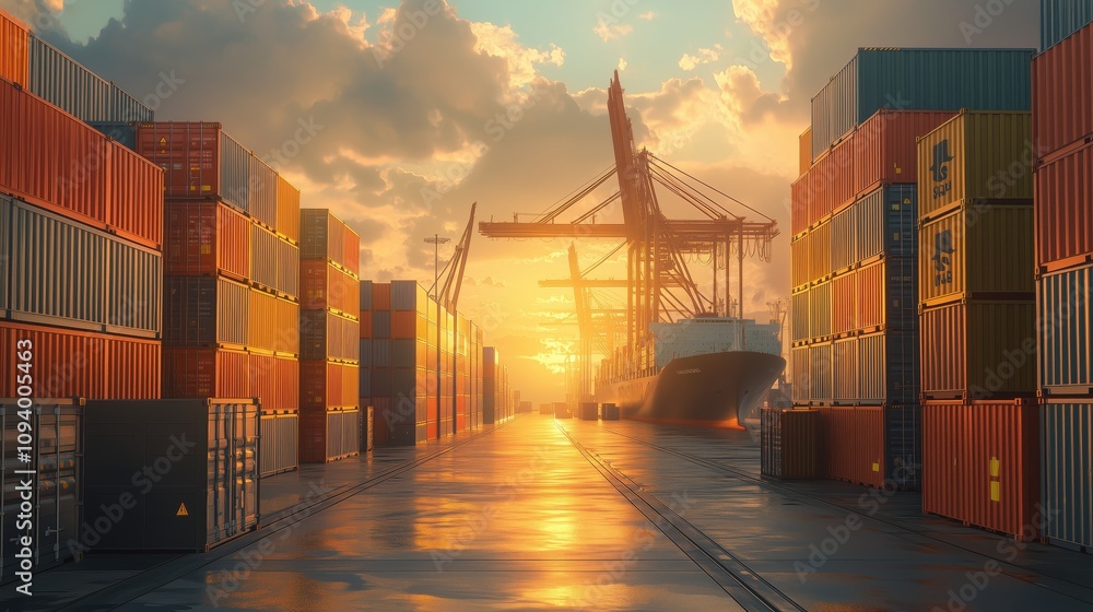Poster a vibrant sunset illuminates a shipping dock lined with colorful containers and a ship, creating a p