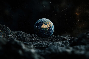A view of Earth from the moon's surface, with the planet hanging in the night sky, surrounded by a starry nebula.