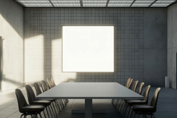 A mockup of an empty white square frame in the center of a modern conference room with a long table and chairs, concrete walls.