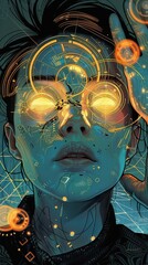 Cyberpunk Portrait: Glowing Eyes and Digital Lines