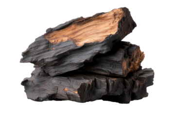 Healthy vitality mushroom Inonotus obliquus displayed in stacked form on a transparent background, highlighting its unique texture and colors