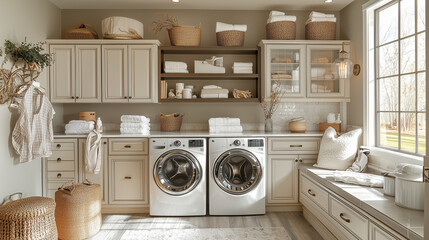 Serene Laundry Room Retreat: Modern Farmhouse Style Laundry Room with Washer, Dryer, and Abundant Storage 