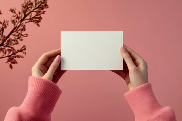 Obraz premium Hand holding printed greeting card mock up, blank empty postcard isolated pink on natural flower background