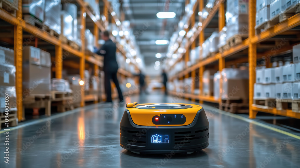 Aufkleber a warehouse robot navigates through neatly organized shelves, showcasing advanced technology and aut