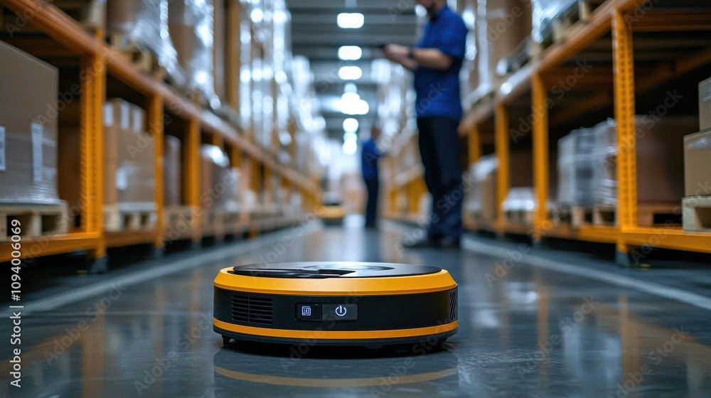 Poster a robotic device navigates a warehouse, showcasing automation and efficiency in logistics alongside 