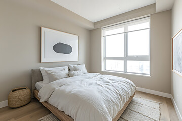 Fototapeta premium Modern Minimalist Bedroom Interior Design: Calm and Serene Space. Neutral Color Palette, Elegant Decor, and Simple Style. Luxurious Apartment Home