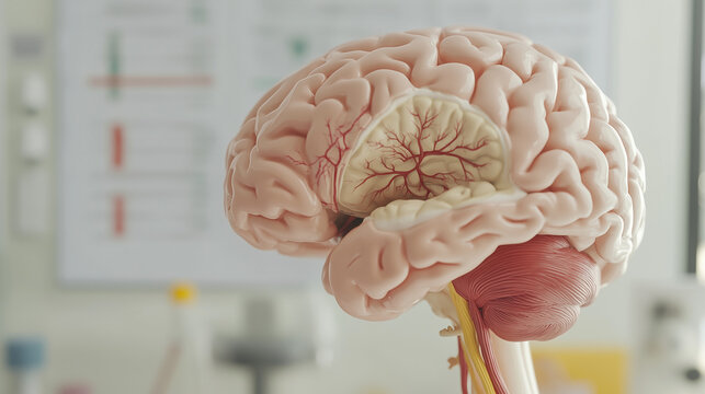 Close-up of human brain model with highlighted nerve damage areas, symbolizing nerve disease and medical research, with anatomical charts and medical equipment in context.