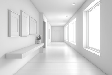 Fototapeta premium Modern Minimalist White Hallway Interior Design. Clean, Bright, and Simple Architecture. Empty Space with Gallery Wall and Natural Light