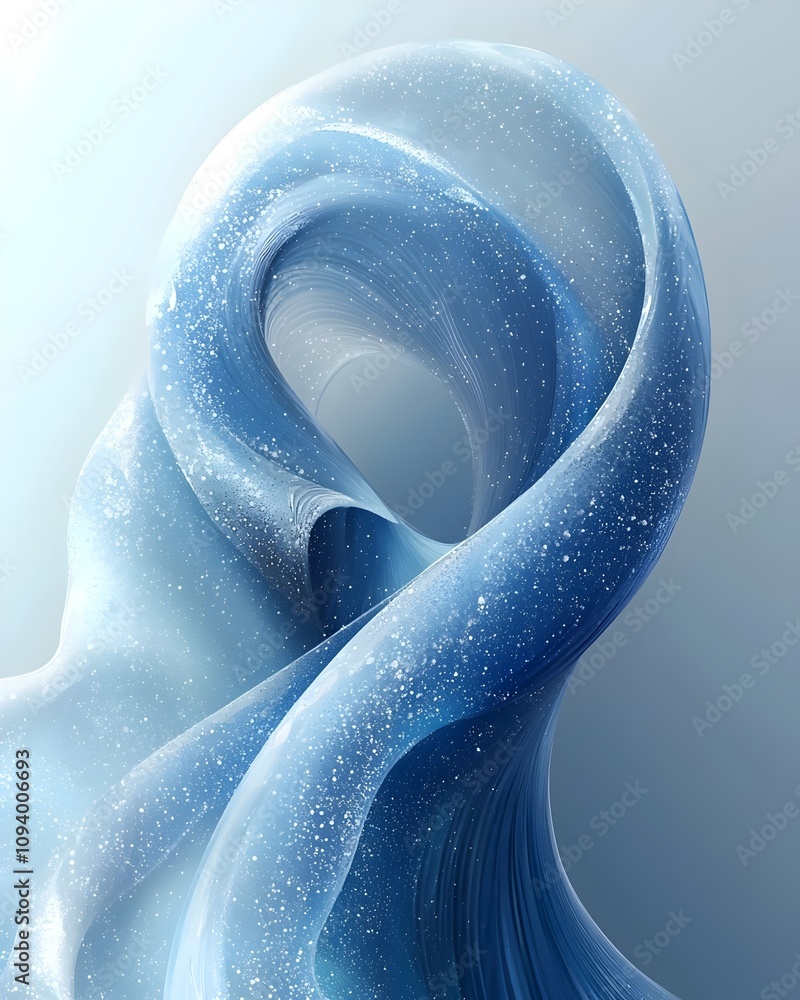 Poster a mesmerizing fluid abstraction in shades of blue, featuring swirling forms and sparkling particles 
