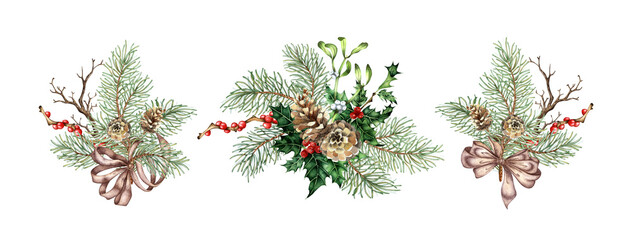 Fir branches with green needles, cones, dry branches, red berries and a brown bow, satin ribbon watercolor illustration set. Forest plants for winter and Christmas decor. Isolated from background