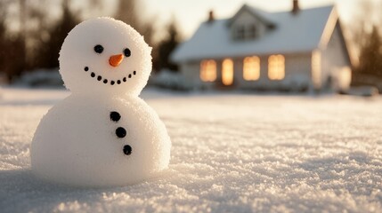 Cottage with snowman and decorative lights for Christmas.
