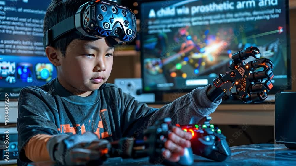Leinwandbilder A young child is immersed in a virtual reality experience, using high-tech gloves and controllers as he engages with interactive displays and consoles in a modern gaming setup.