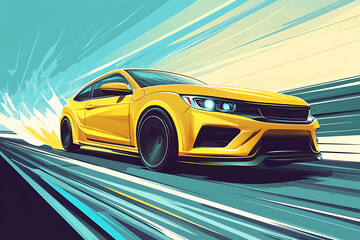 Obraz premium A dynamic illustration of a yellow sports car speeding on a stylized road.