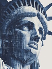 Statue of Liberty in the cyberspace with holograms and virtual elements.