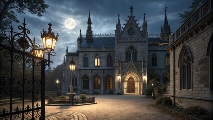 Obraz premium Gothic Revival Architecture of an Official Residence at Night