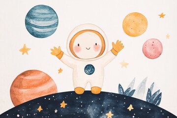 illustration of a cute astronaut in space with planets and stars.
