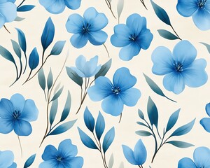 Fototapeta premium A Seamless Pattern Beautiful blue floral pattern with delicate leaves on a soft background.