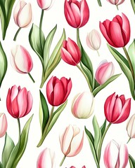 Obraz premium A Seamless Pattern Colorful tulips in vibrant shades, creating a cheerful floral pattern on a white background.