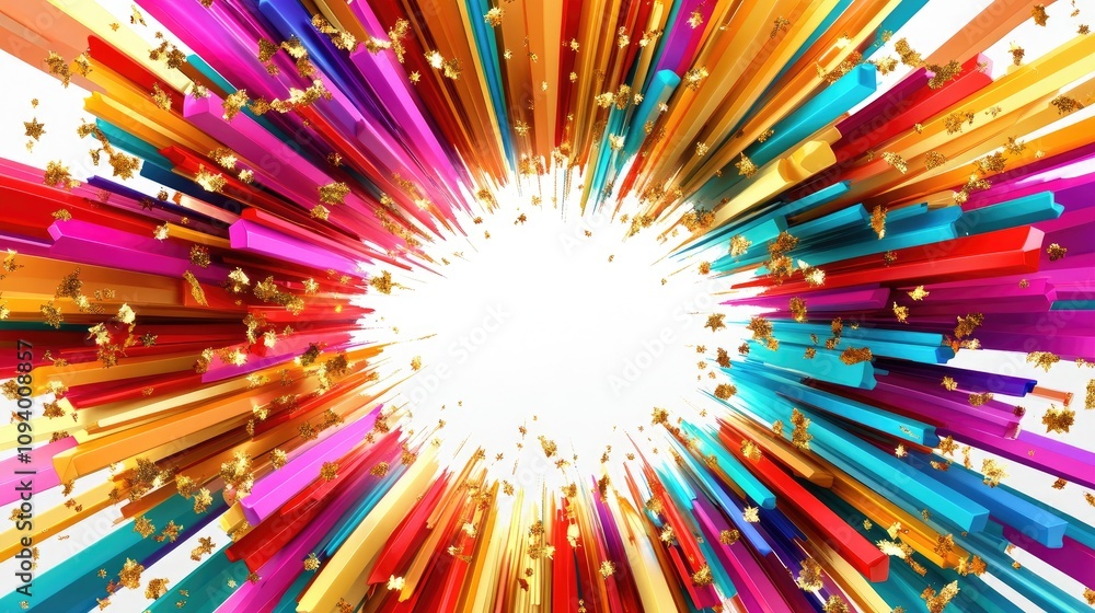 Poster vibrant explosion of colorful stripes with golden confetti on a bright background creating a dynamic
