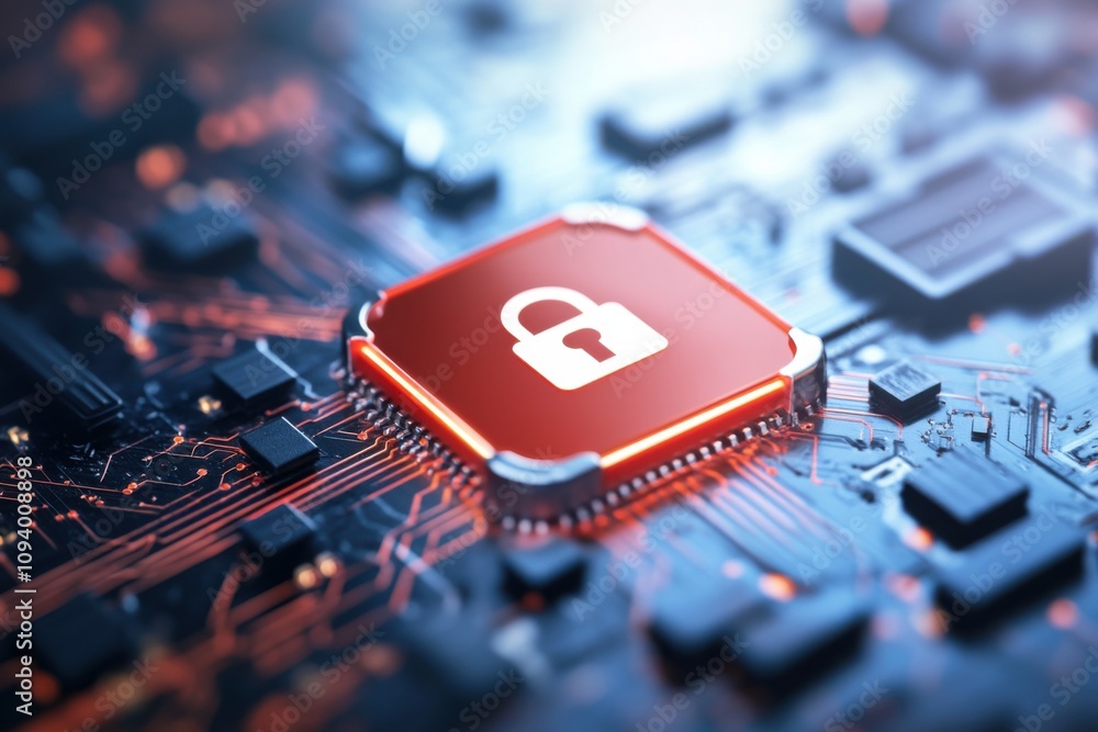 Poster a close-up view of a computer chip featuring a prominent lock icon symbolizes security in it technol
