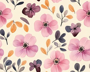 A Seamless Pattern Elegant floral pattern featuring pink flowers and leaves on a soft background.