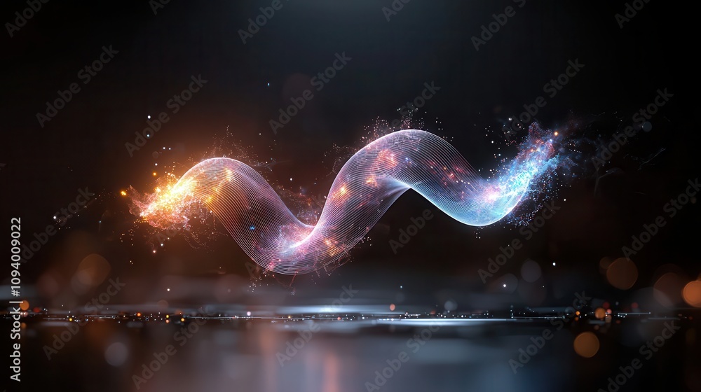 Poster ethereal wave of light and energy in abstract composition with sparkles and dynamic motion in a dark