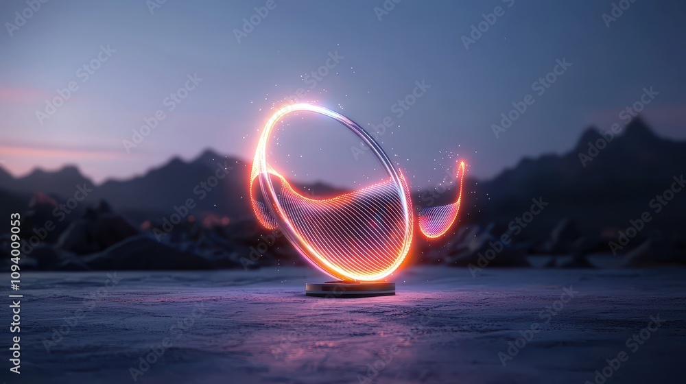 Poster abstract glowing orb with dynamic light trails in a serene landscape, showcasing a blend of technolo